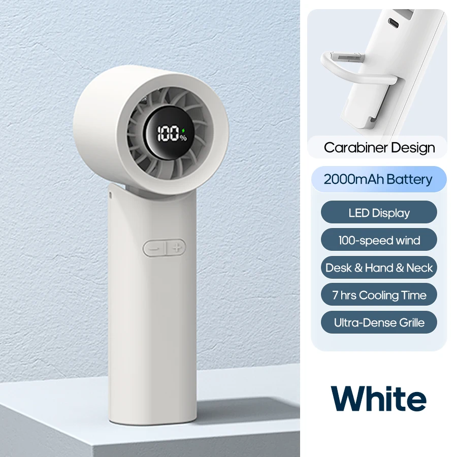 Ventilador Portátil De Mano De Alta Velocidad (blanco), 2000 Mah, Ventilador De Refrigeración Plegable Con Pantalla Digital Led.