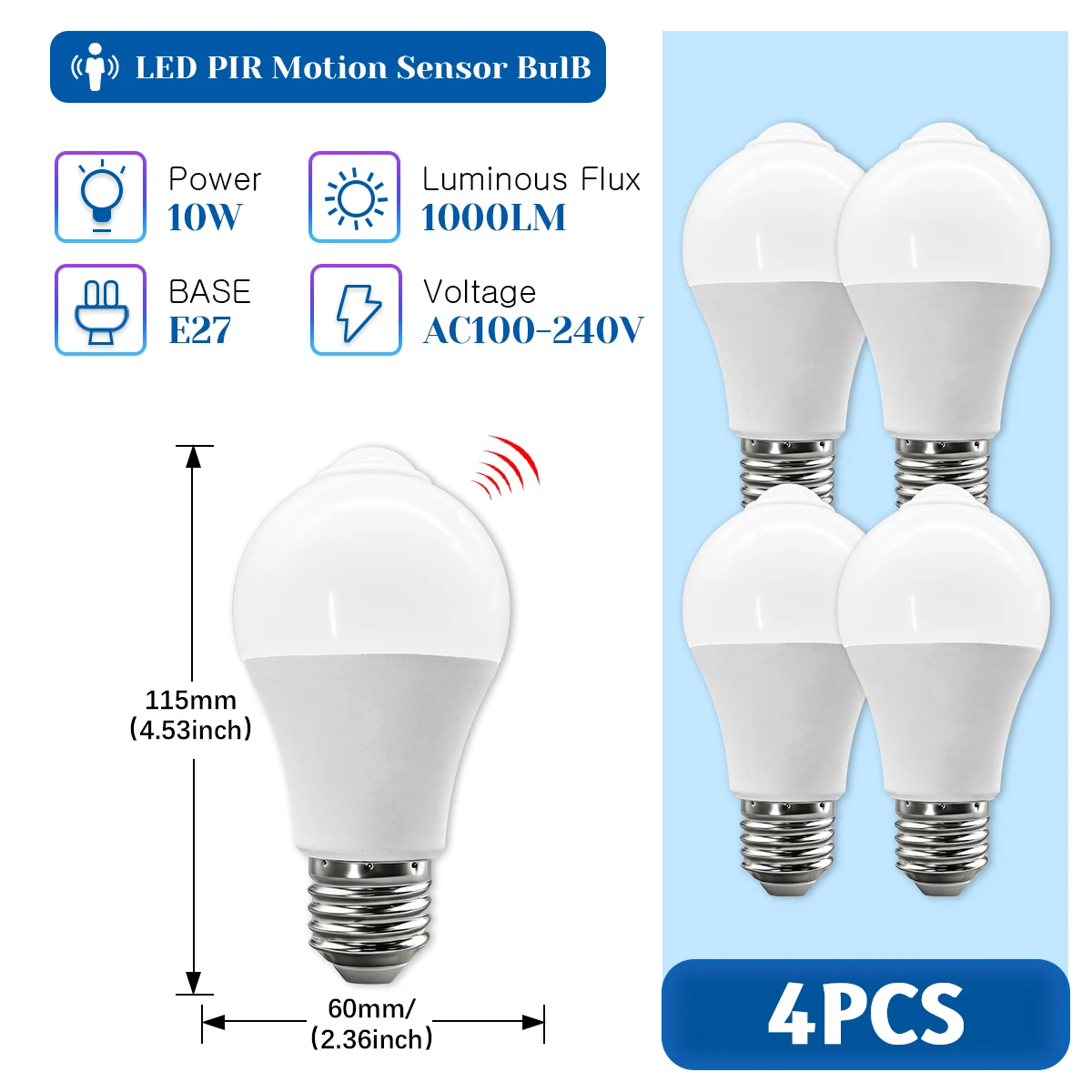 Bombillas Led Con Sensor De Movimiento Pir (4 Bombillas, Luz Natural De 4000k), Ideales Para Pasillos Y Entradas De Casas.
