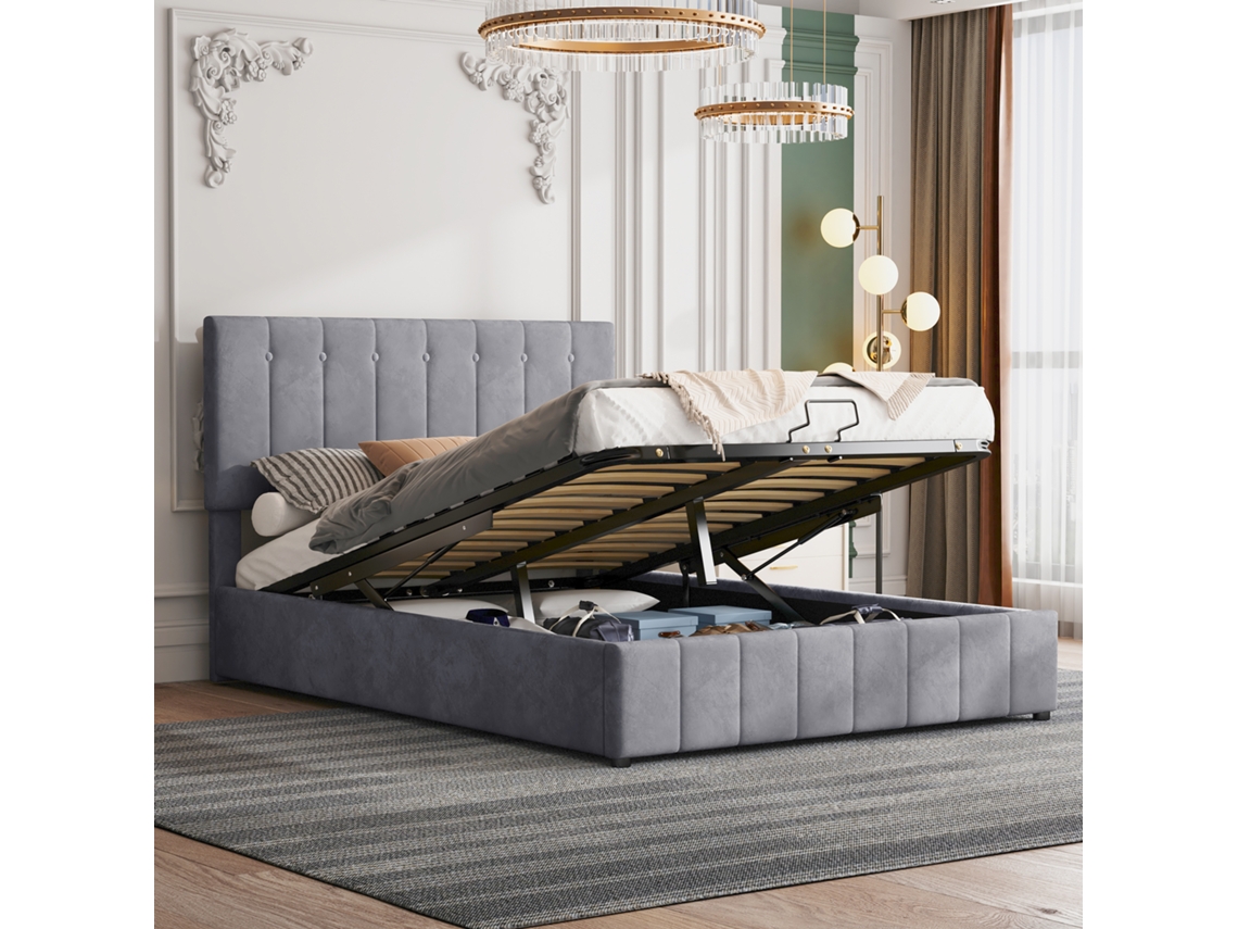 Cama Tapizada De 140x200 Cm Con Cabecero Hidráulico De Metal Gris.