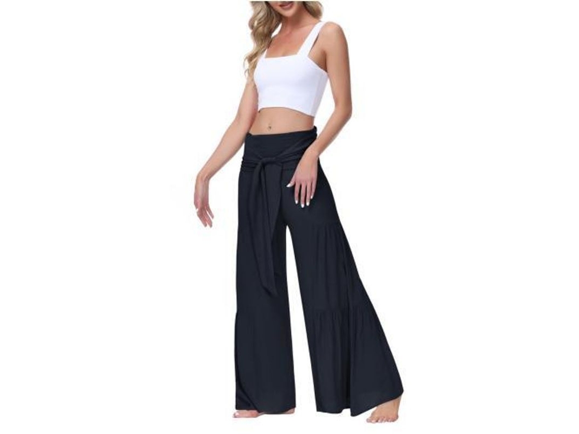 2026-pantalones De Descanso Amplios De Mujer De Cintura Alta Con Correa Atada Para Playa Y Yoga L Azul Oscuro