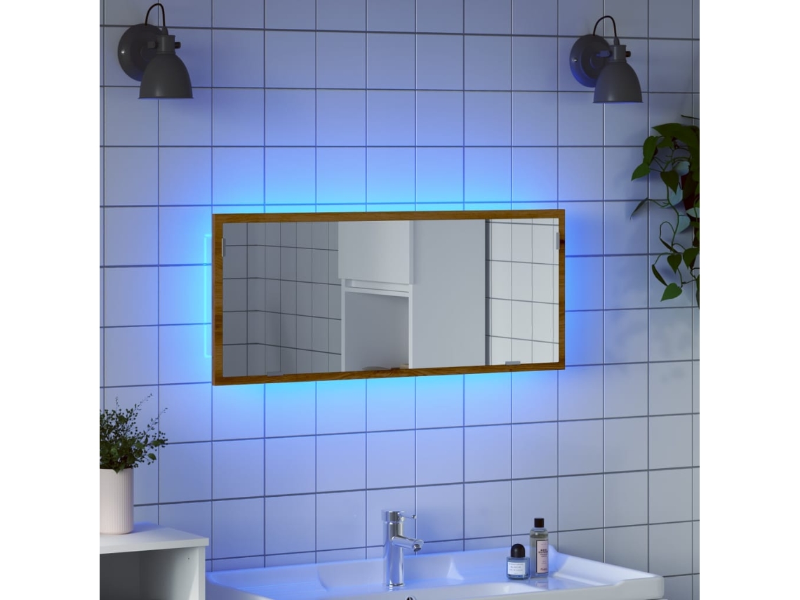 Espejo De Baño Led Madera Ingeniería Roble Artisan 100x8,5x37cm