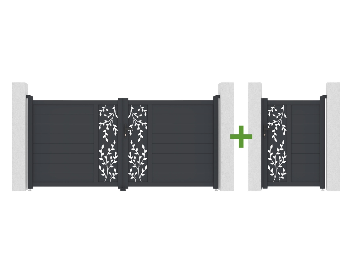 Puerta batiente Folya de 3 m de altura (140 cm) + Puerta de aluminio Folya de 1 m de altura (140 cm) en color gris.