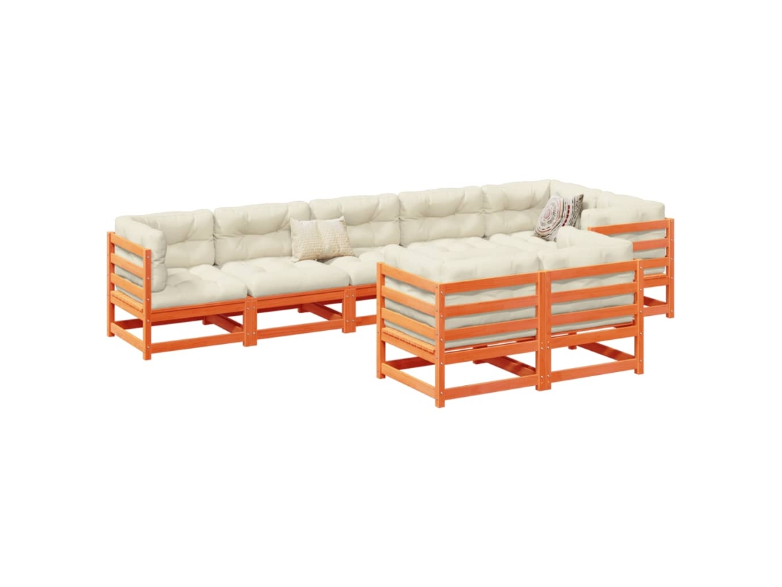 Conjunto de sofá de jardín de 8 piezas con cojines en pino macizo, marrón miel, DKD Home Decor