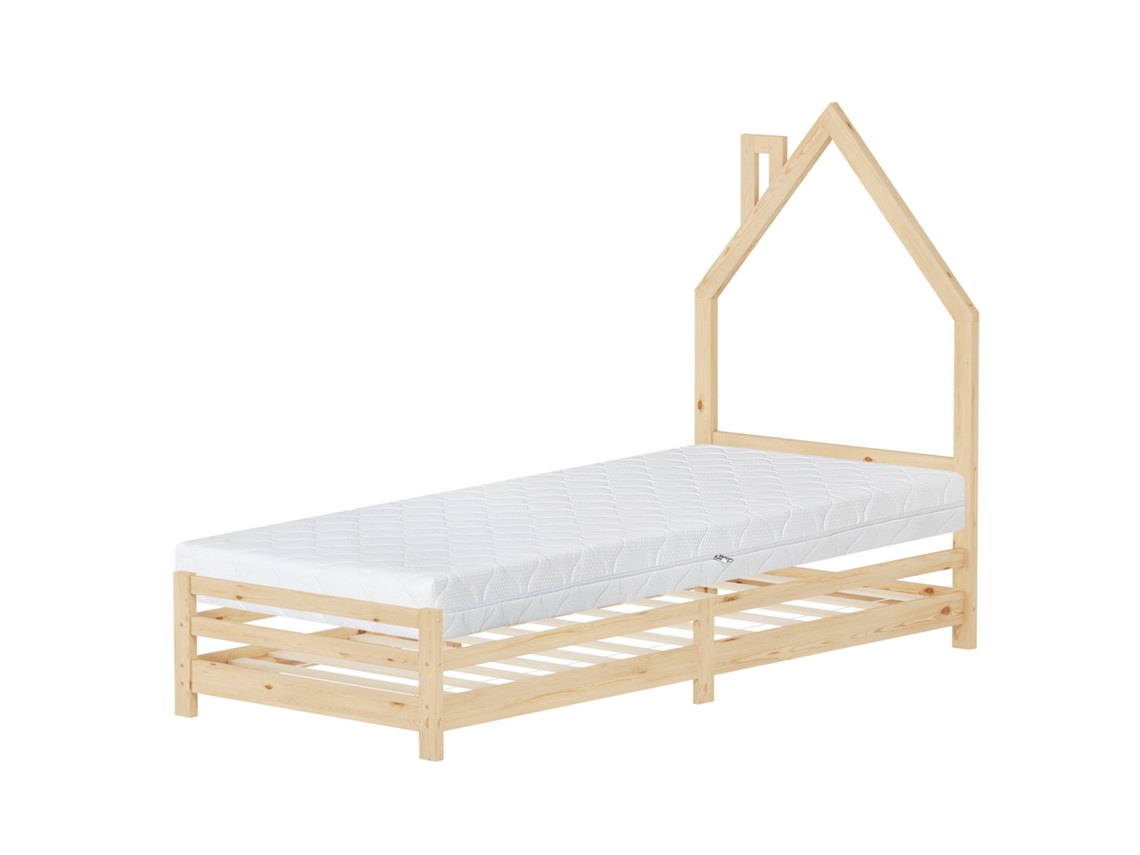 Cama Infantil ML DESIGN 90x200cm Colchón 16cm, en Madera Natural, en Forma de Casa