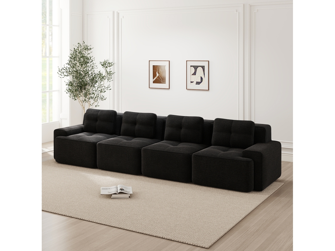 Sofá Modular 4 Plazas De Pana Acolchado Negro