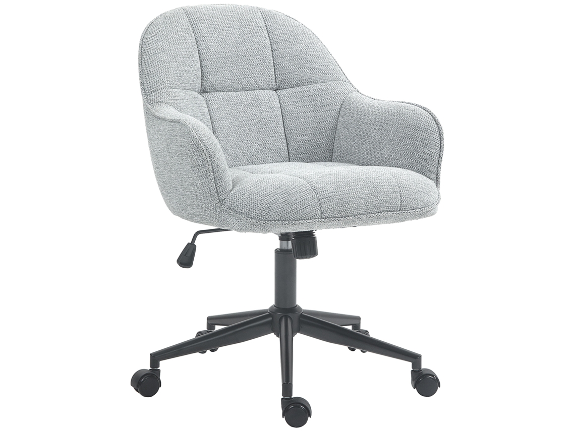 Silla De Oficina Con Asiento Y Respaldo Acolchados, Altura Regulable, Giro De 360°, Base Negra Y Tapicería De Tela Gris.