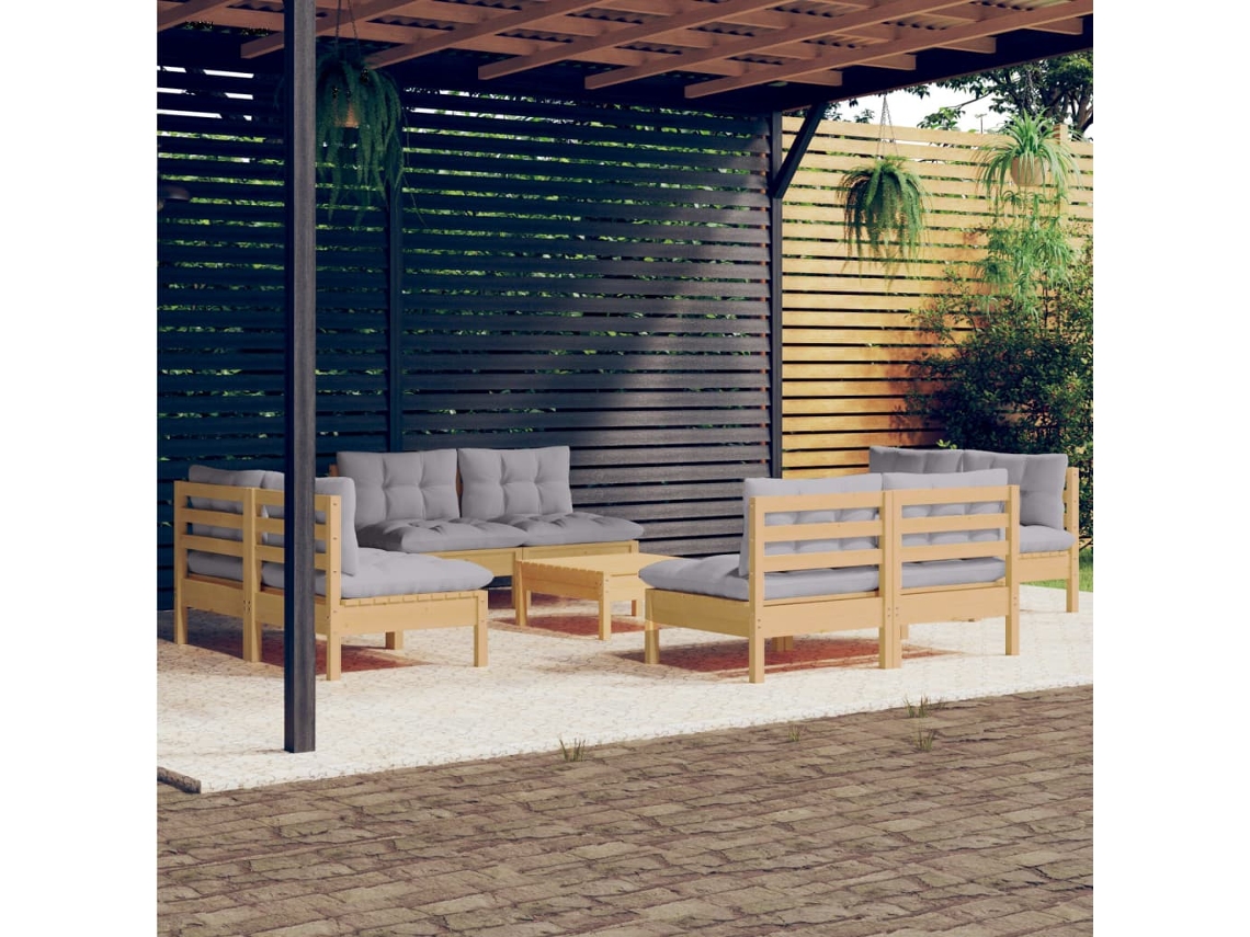 9 Piezas Conjunto Lounge De Jardim C/ Almofadões Cinzentos Pinho Dkd Home Decor
