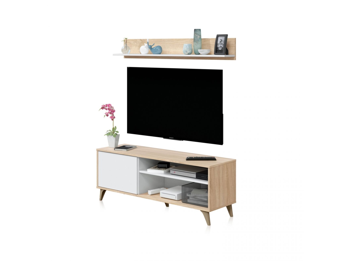 Mueble TV con estante Kikua Plus Blanco Artik (Blanco Mate) - Roble Canadian 135 x 50 x 40 cm