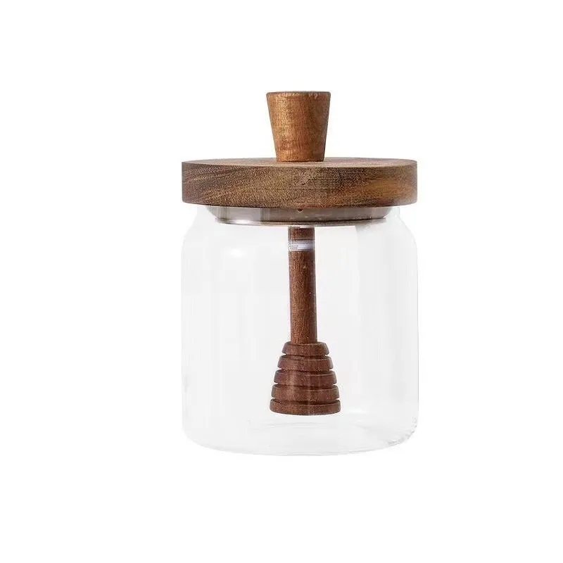 Tarro de miel con tapa de madera y varilla para remover fabricado en vidrio de borosilicato transparente con capacidad de 350 ml y sello hermético MDUG