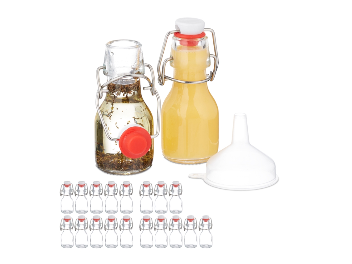 Relaxdays Pack Botellitas De Cristal, 50 Ml, 20 Mini Botellas Para Rellenar Licor O Aceite, Tapa Mecánica, Transparente