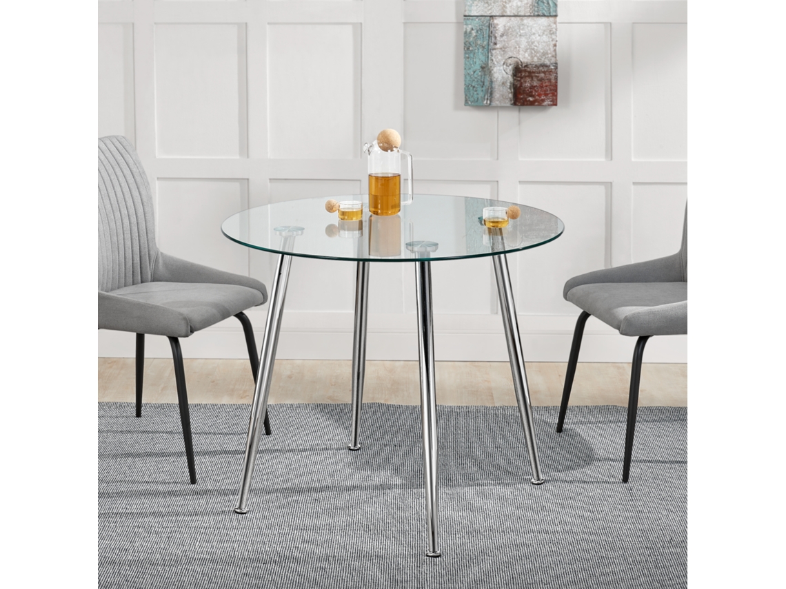 Mesa de cristal Humppila redonda versátil con 4 patas de acero 75 x Ø 80 cm - Transparente y Cromo [en.casa]