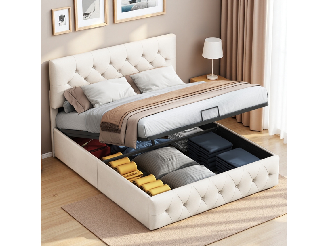 Cama De Matrimonio 160x200 Cm, Tapizada, Base Elevable, Para Adolescentes Y Adultos, Terciopelo Beige.