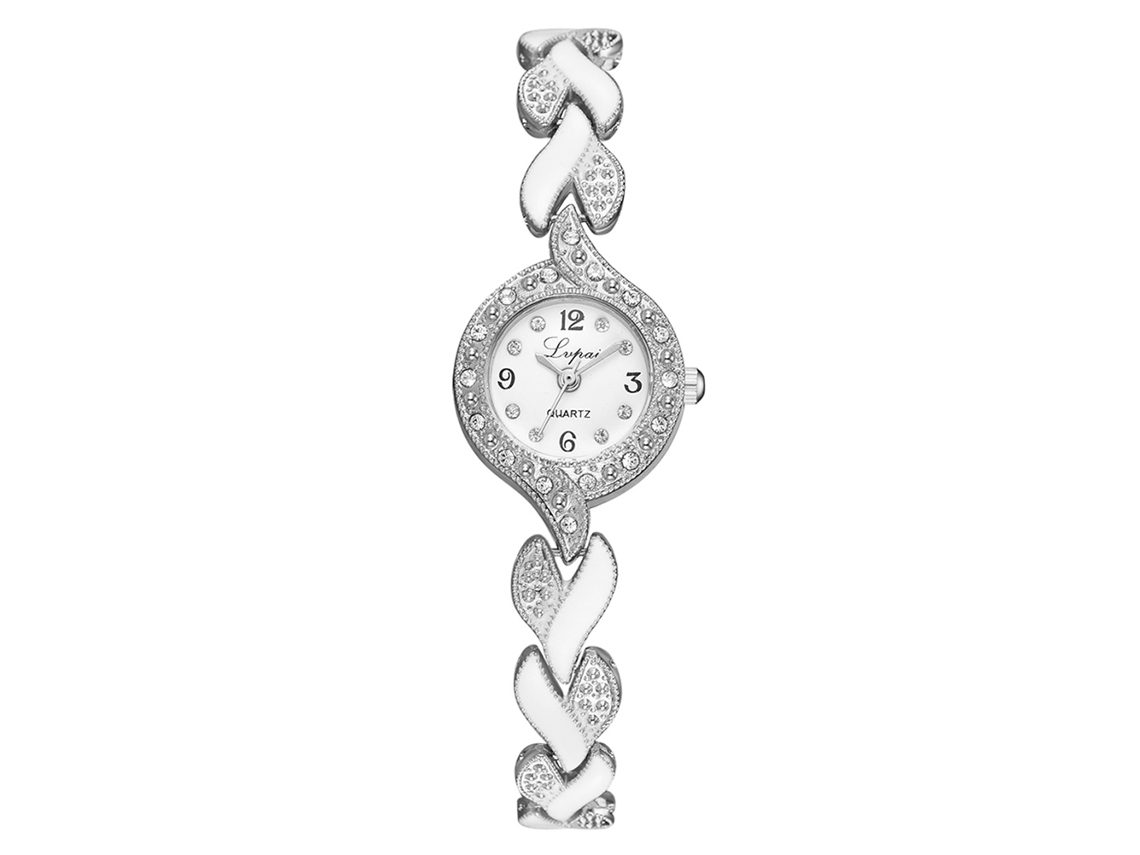Elegante Reloj De Pulsera Retro Para Mujer Con Movimiento De Cuarzo Y Diamantes De Imitación, Diseño De Hojas, Color Blanco Plateado.