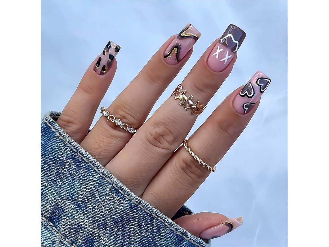 Uñas Postizas De Longitud Media Con Adhesivo, Diseño De Corazón A Rayas En Acrílico, 24 Unidades.
