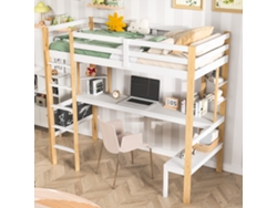 Cama Individual De 90x200 Cm Con Mesita Y Estante, Cama Infantil Multifuncional, Escalera Estable, Barandillas De Seguridad, Colchón No Incluido.