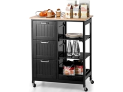 Carrito de Cocina con Ruedas Bloqueables, Carrito de Servicio Multiuso con 2 Estantes de Almacenamiento Abiertos y 3 Cajones (Negro) COSTWAY