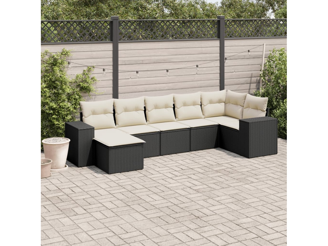 Conjunto de sofá de jardín de 7 piezas con cojines, ratán negro, Dkd Home Decor