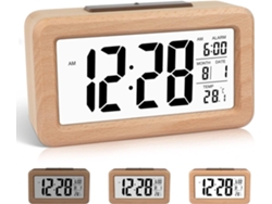Reloj despertador digital inteligente de madera maciza con diseño único de vetas de madera, alarma ascendente, pantalla LCD grande y clara para hora y fecha.