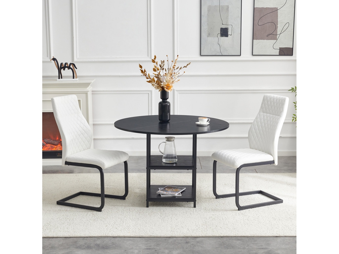 Conjunto mesa y sillas 107 cm - mesa redonda 2 niveles almacenaje + 2 sillas rombos, estilo industrial MDF/metal - blanco