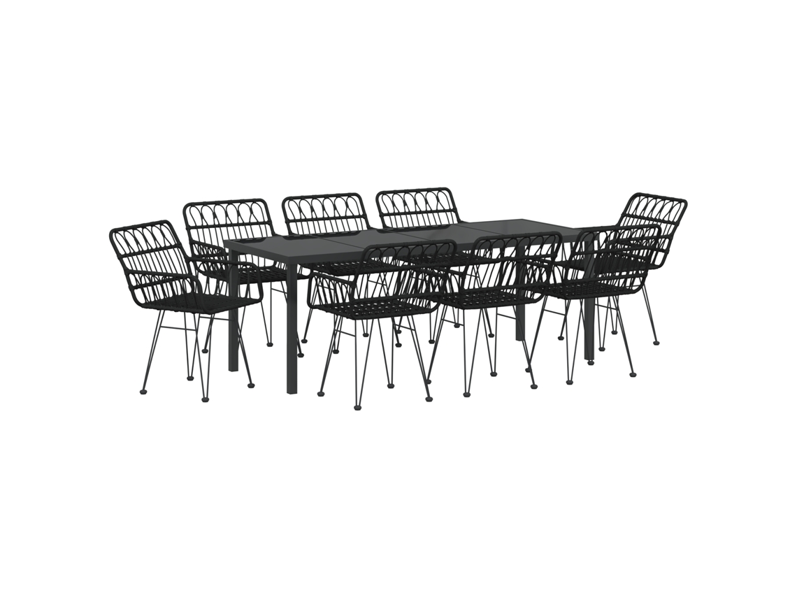 Juego de comedor de jardín vidaXL de 9 piezas en negro, mimbre y poliéster