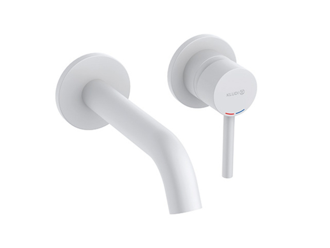 Grifo monomando de pared Kludi Bozz con dos orificios, saliente de 180 mm, 382445376, color blanco mate