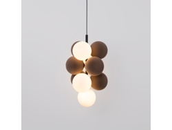 Lámpara acústica vertical suspendida Raim con 4 esferas luminosas y 6 esferas absorbentes marrones Alpinaluz