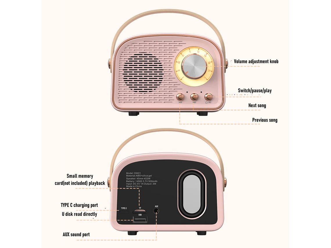 Altavoz Bluetooth Portátil Inalámbrico Pequeño De Estilo Retro Para Decoración Del Hogar Y Exteriores Dw21 Rosa