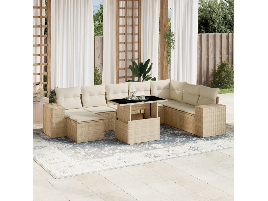 Conjunto de 9 sofás de jardín con cojines de mimbre beige de Dkd Home Decor