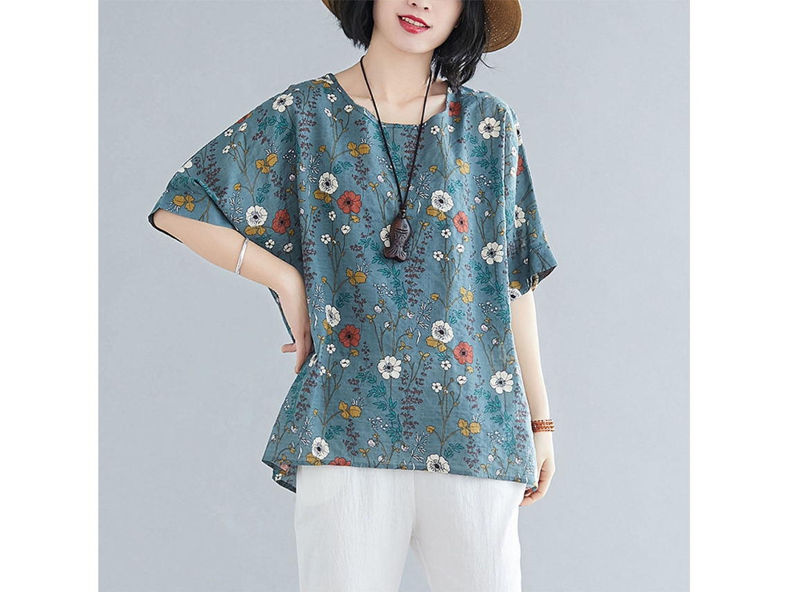 Blusa De Lino Folclórica Estampada De Talla Grande Para Mujer, Con Cuello Redondo Y Mangas Medianas.