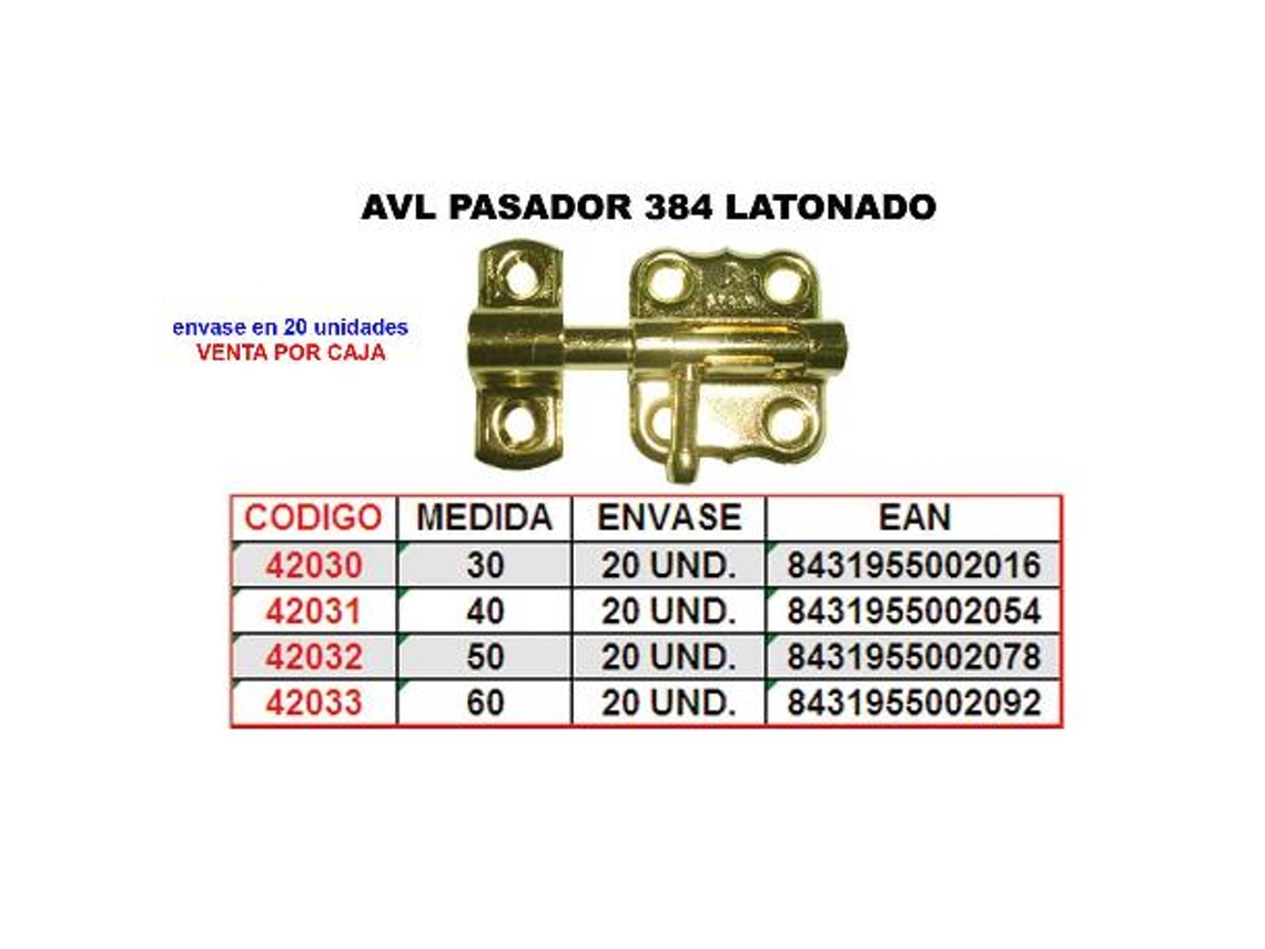 Avl pasador 384 latonado 60 mm. (caja 12 unidades)