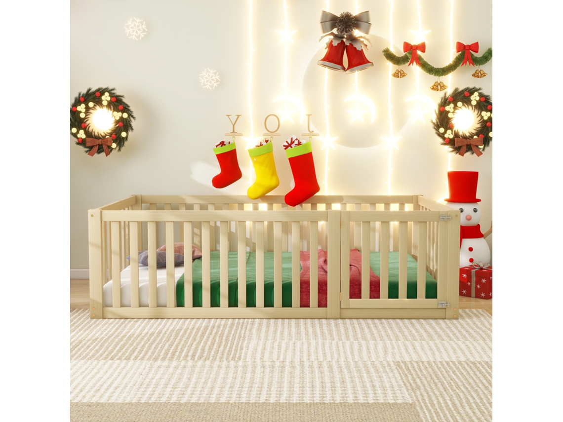 Cama infantil de 90 x 200 cm en madera maciza con barrera de seguridad de estilo natural