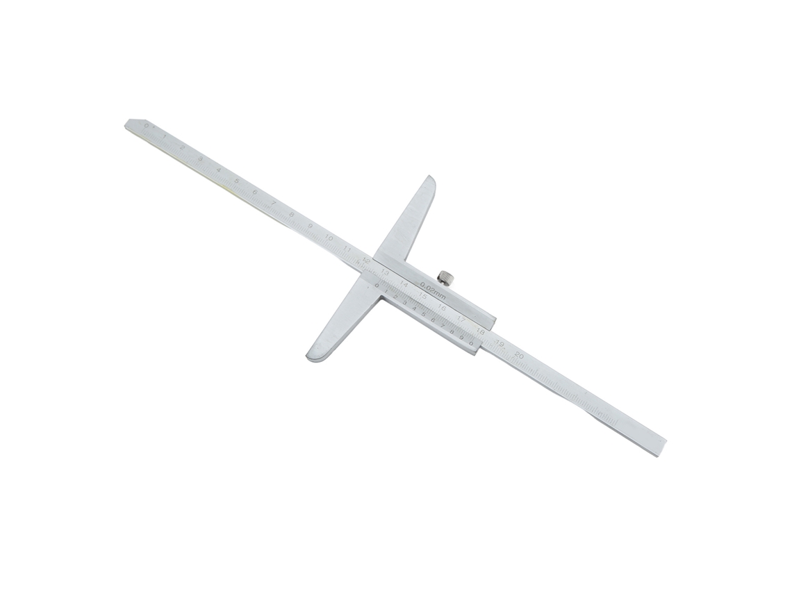 Medidor de profundidad de aleación de aluminio con escala clara de 0 a 200 mm. Medición precisa para profundidades internas, externas y de escalones.