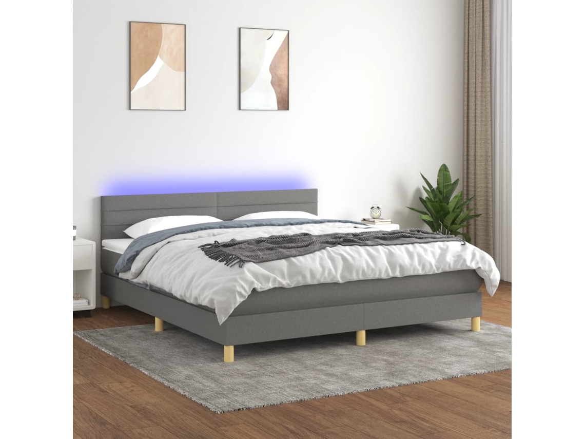 Cama Box Spring Con Colchón Y Led Tela Gris Oscuro 180x200 Cm