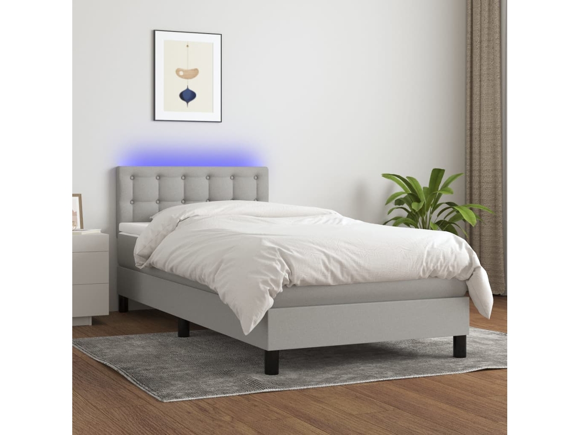 Cama Box Spring Colchón Y Luces Led Tela Gris Claro 90x190 Cm