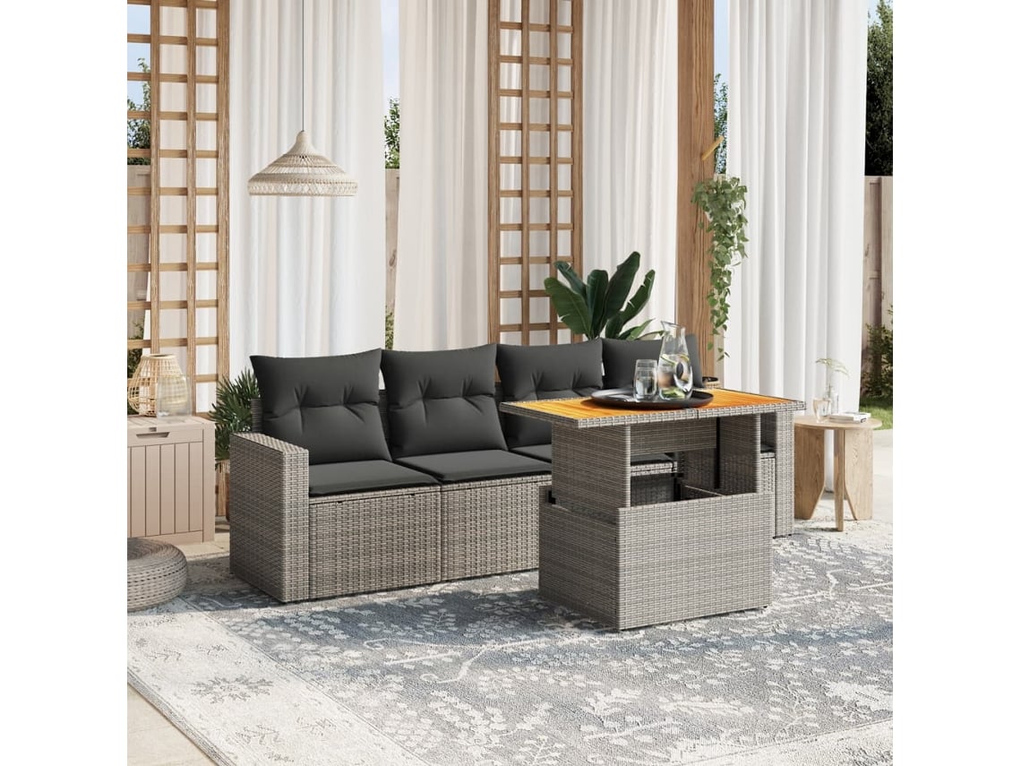 Conjunto de sofá de jardín de 5 piezas con cojines, ratán gris, DKD Home Decor