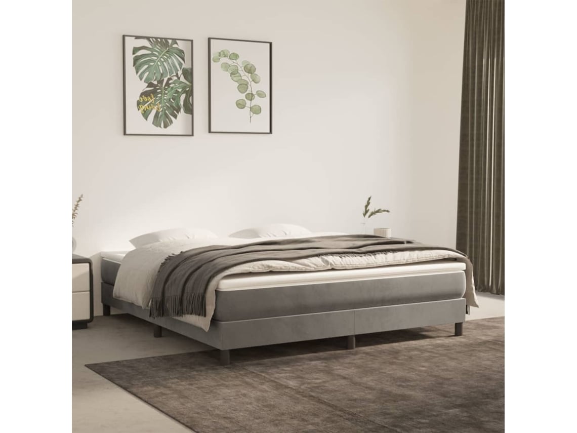 Cama box spring con colchón terciopelo gris claro 160x200 cm
