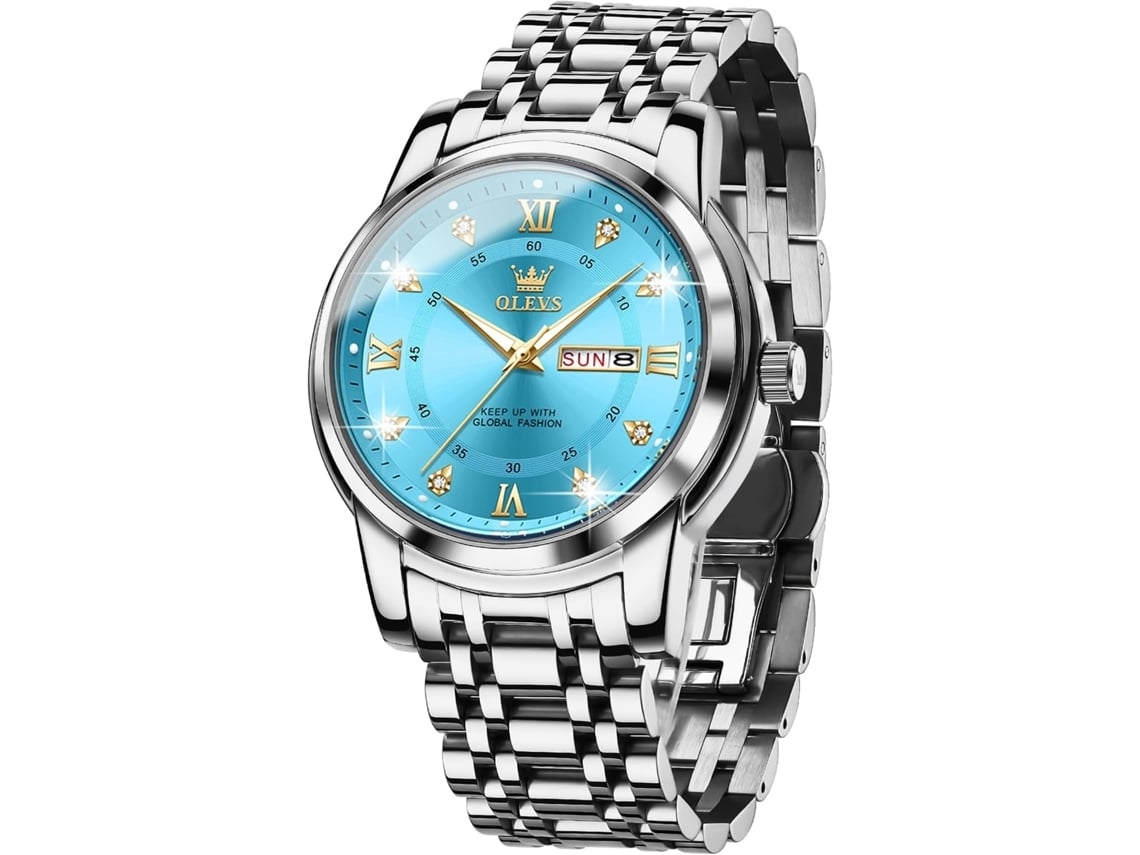 Reloj Masculino Con Fecha Luminosa A Prueba De Agua De Cuarzo Dorado Azul Y Acero Inoxidable Silevr Azulyuysan