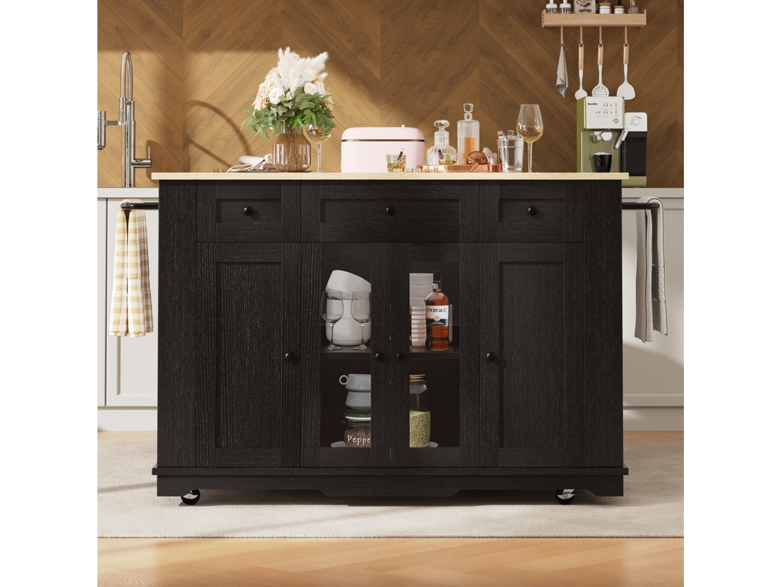 Isla de cocina con puertas y tabiques de cristal, color negro.