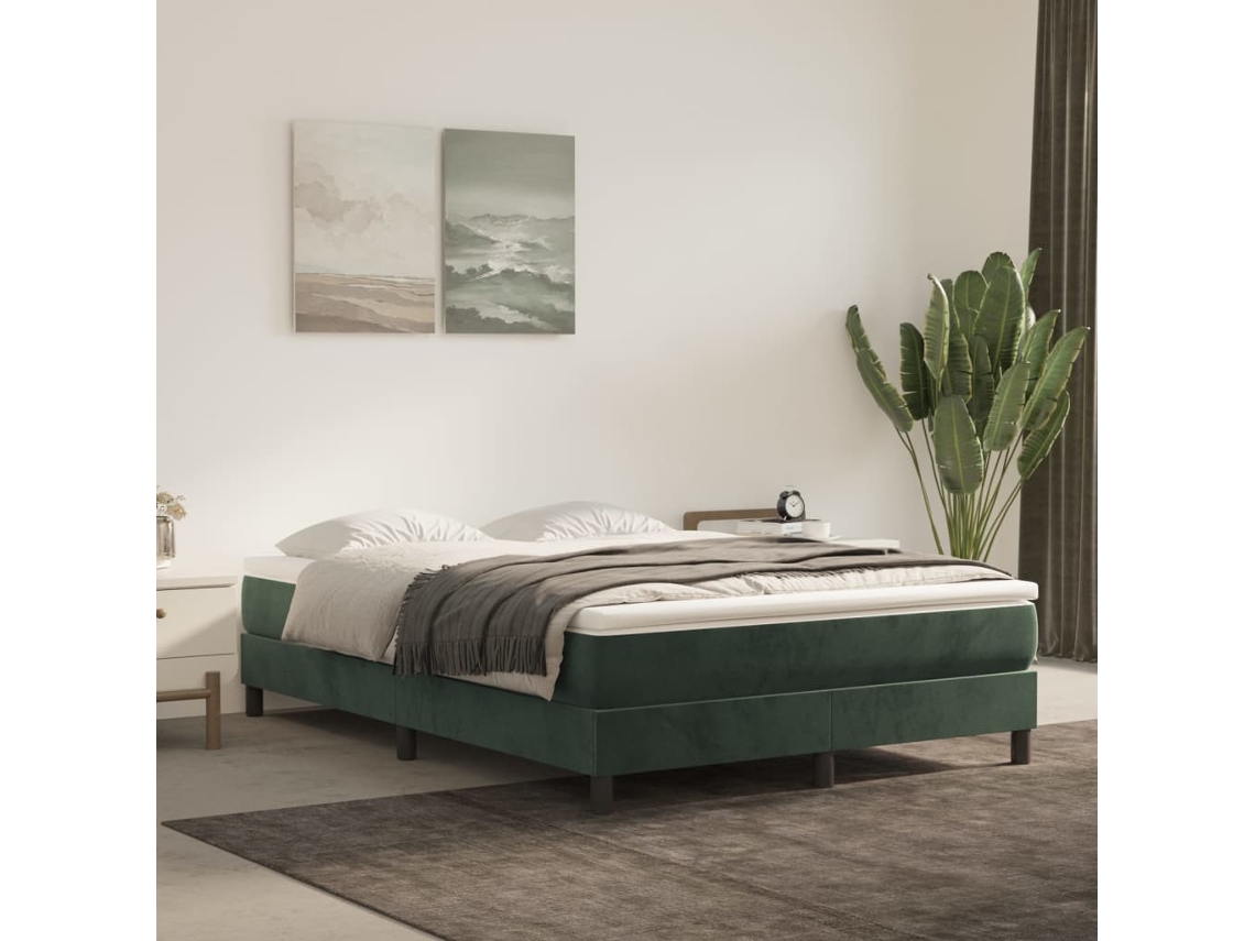 Cama Box Spring Con Colchón Terciopelo Verde Oscuro 140x190 Cm