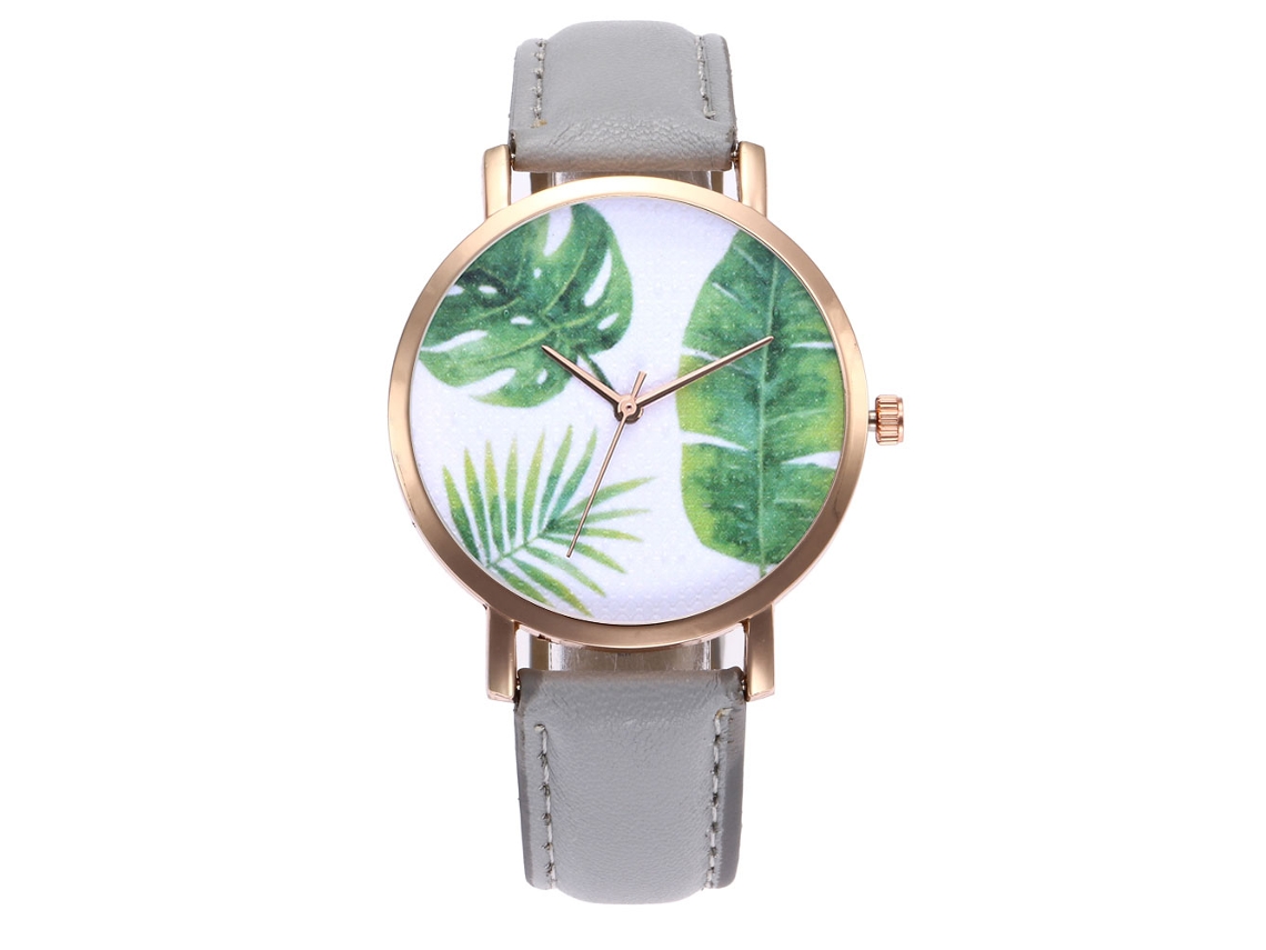Reloj De Cuarzo Con Correa De Cuero Pu Moda Unisex Dial Hoja Gris