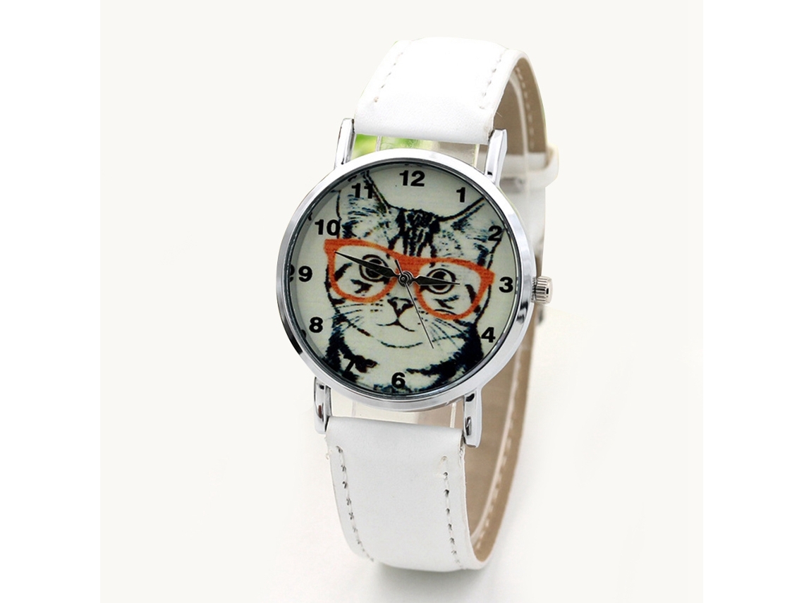 Reloj De Pulsera Para Mujer De Piel Sintética Con Estampado De Gato, Movimiento De Cuarzo De Aleación, Color Blanco.