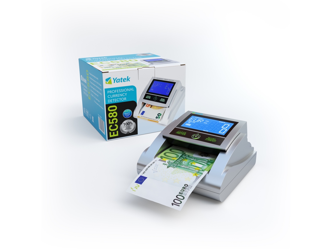 Detector de billetes falsos YATEK EC580 con 6 métodos de detección, con batería incluida y preparado para los nuevos billetes de 100 y 200€