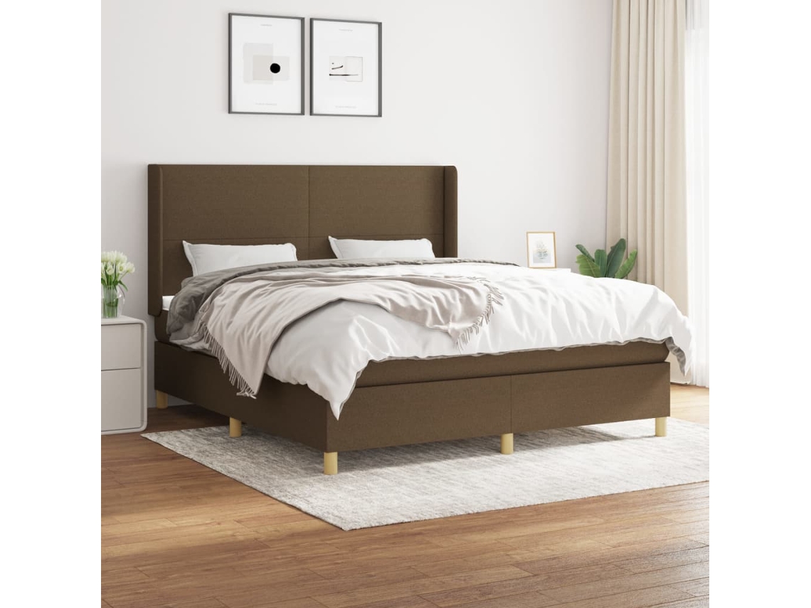 Cama Box Spring Con Colchón Tela Marrón Oscuro 160x200 Cm