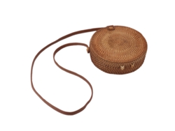 Bolso Redondo Tejido A Mano Routin, Estilo Playero, Con Correa De Cuero, 20 Cm.