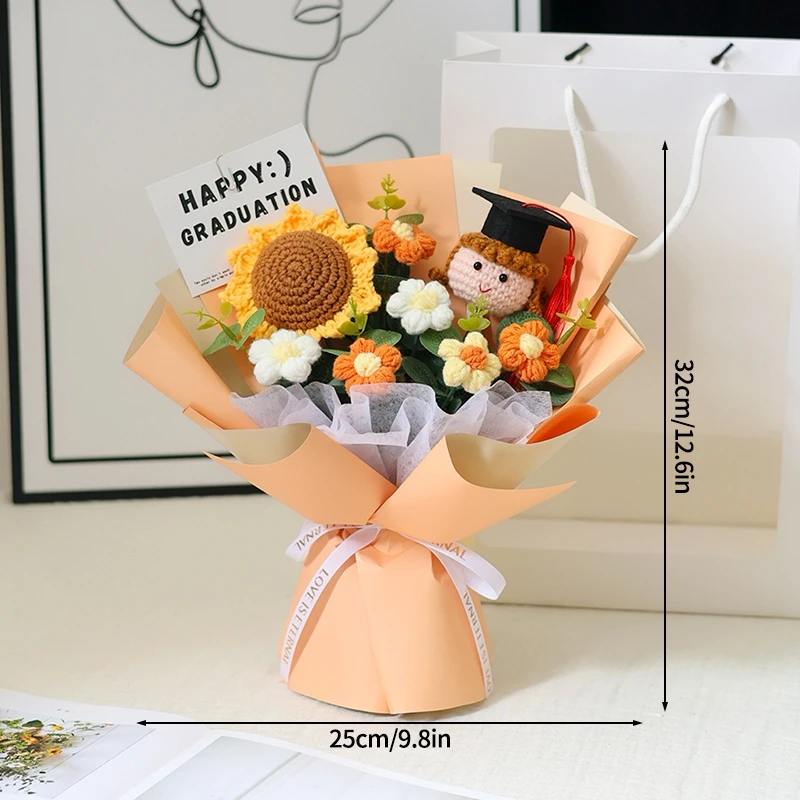 Flores Tejidas A Mano, Regalo De Graduación, Flor De Ganchillo, Ramo Tejido A Mano Terminado