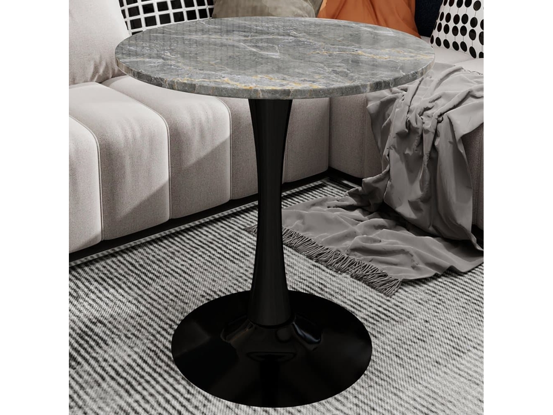 Mesa De Centro 70cm - Estilo Mid-century, Tablero Redondo De Mármol Gris Oscuro - Negro+gris