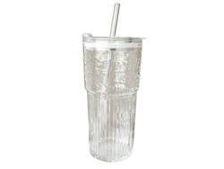 Vaso De 600ml Con Tapa Y Pajita, Estampado De Líneas, Transparente.