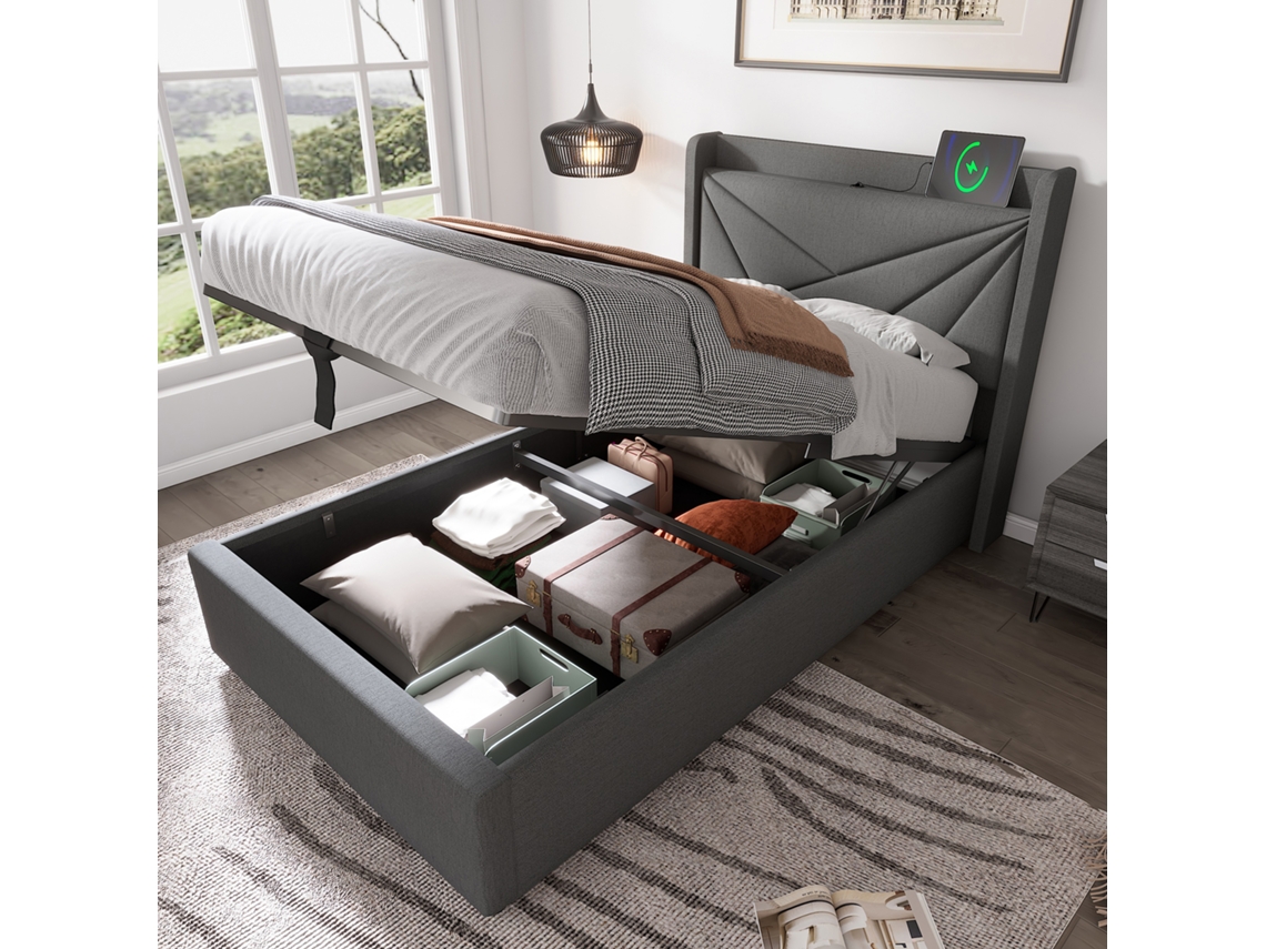 Cama Individual De 90x200 Cm Con Espacio De Almacenamiento, Cabecero Con Puerto Usb-c, Tapizada En Tela De Lino, Base Incluida, Colchón No Incluido.