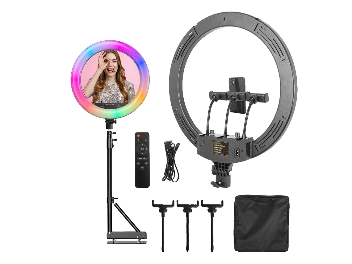 Anillo de luz RGB de 18 pulgadas, brillo ajustable, múltiples opciones de temperatura de color, soporte de 135 cm OEM