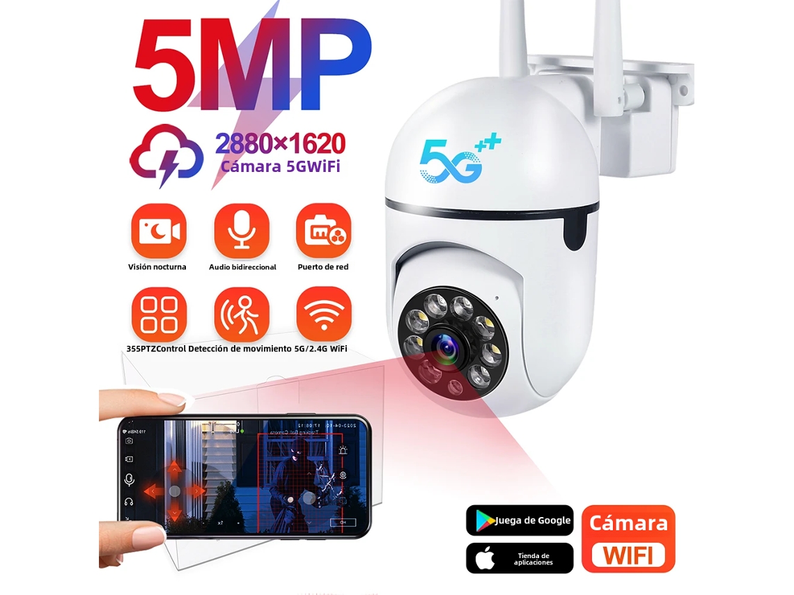 Cámara De Seguridad Ip Ptz Wifi 5g De 5mp, Visión Nocturna Y En Color, Resistente Al Agua.